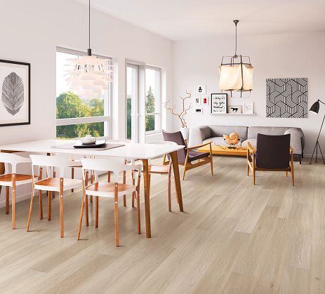 Modern dining room and living room with vinyl flooring