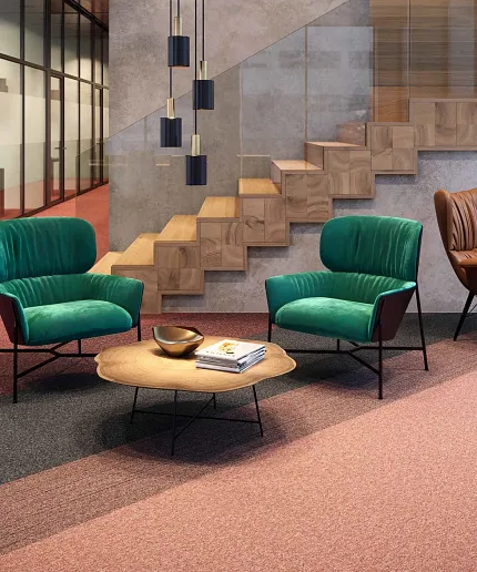Commercial Carpet Tile Swatch Collection with Color Samples and Decor Elements