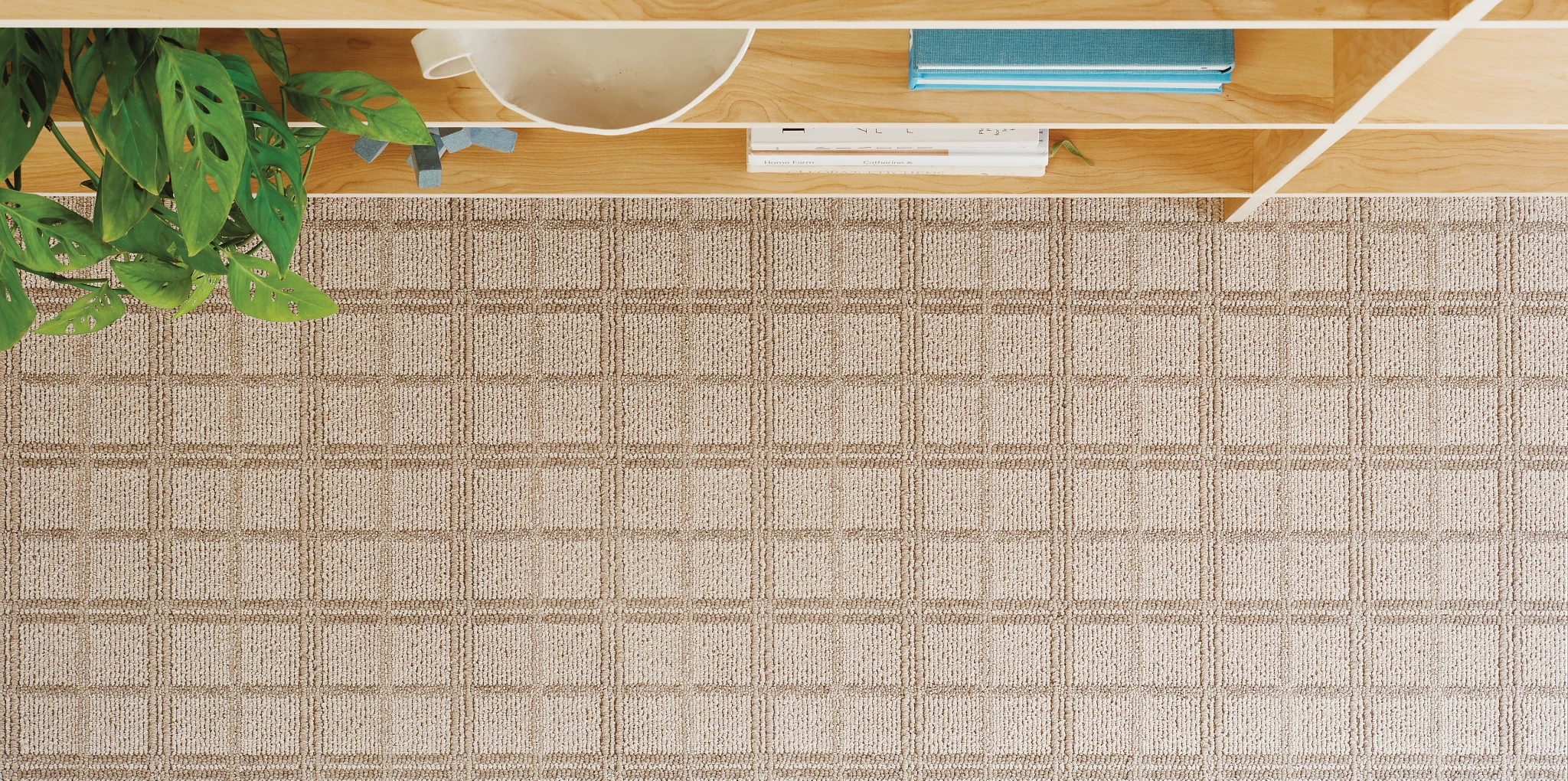 Overhead view of a beige broadloom carpet installed in a workspace with visible desk and plant