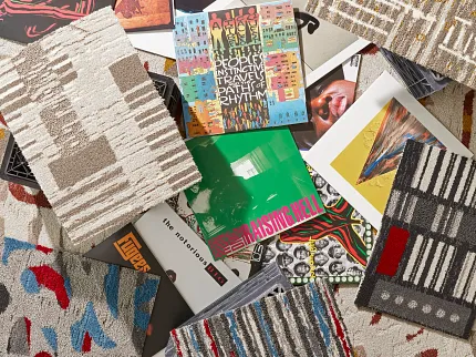 Diverse carpet tile designs for dynamic interiors Assorted commercial carpet tile samples with vibrant patterns and colors