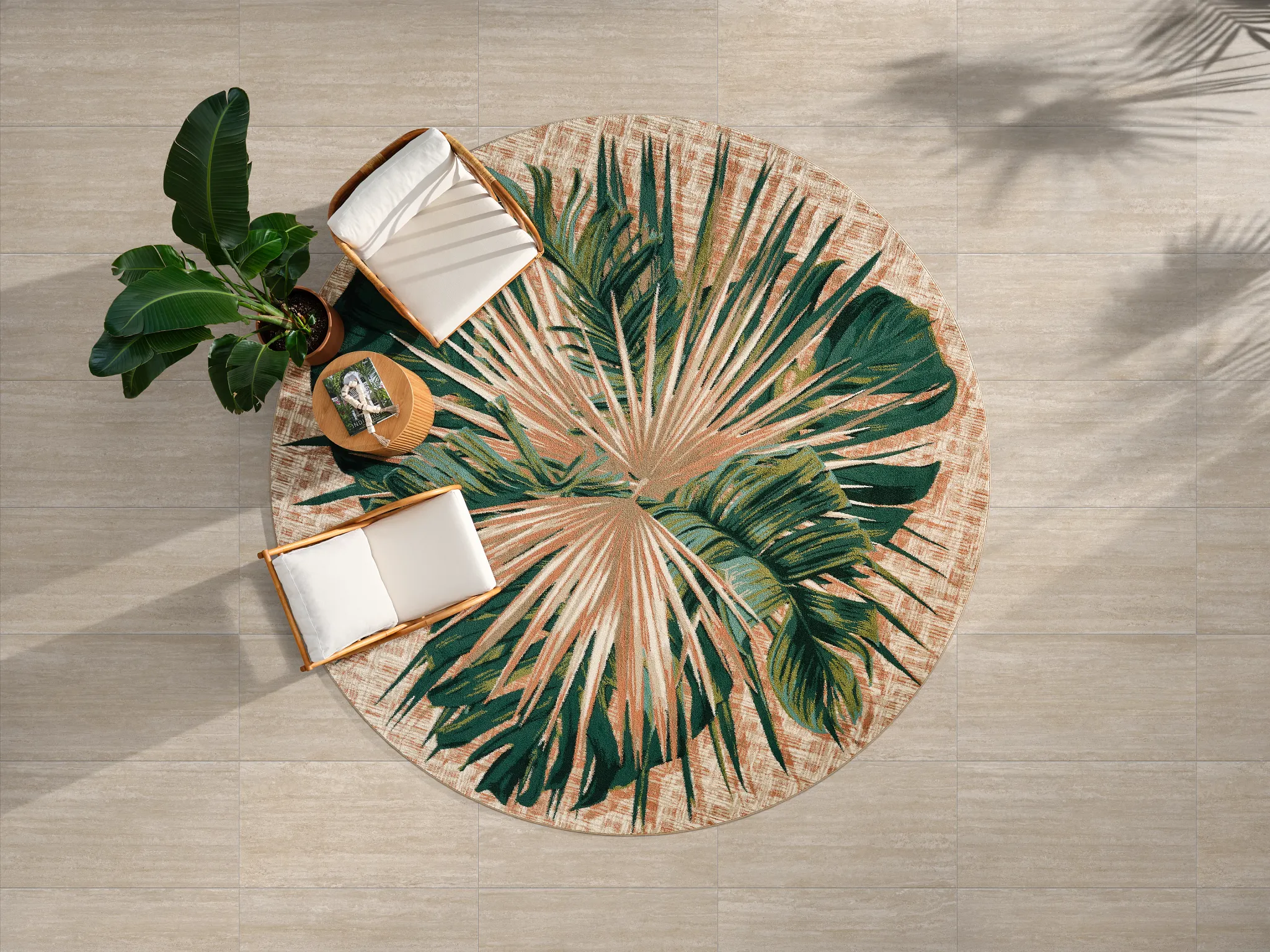 Hospitality space with carpet tile with tropical element