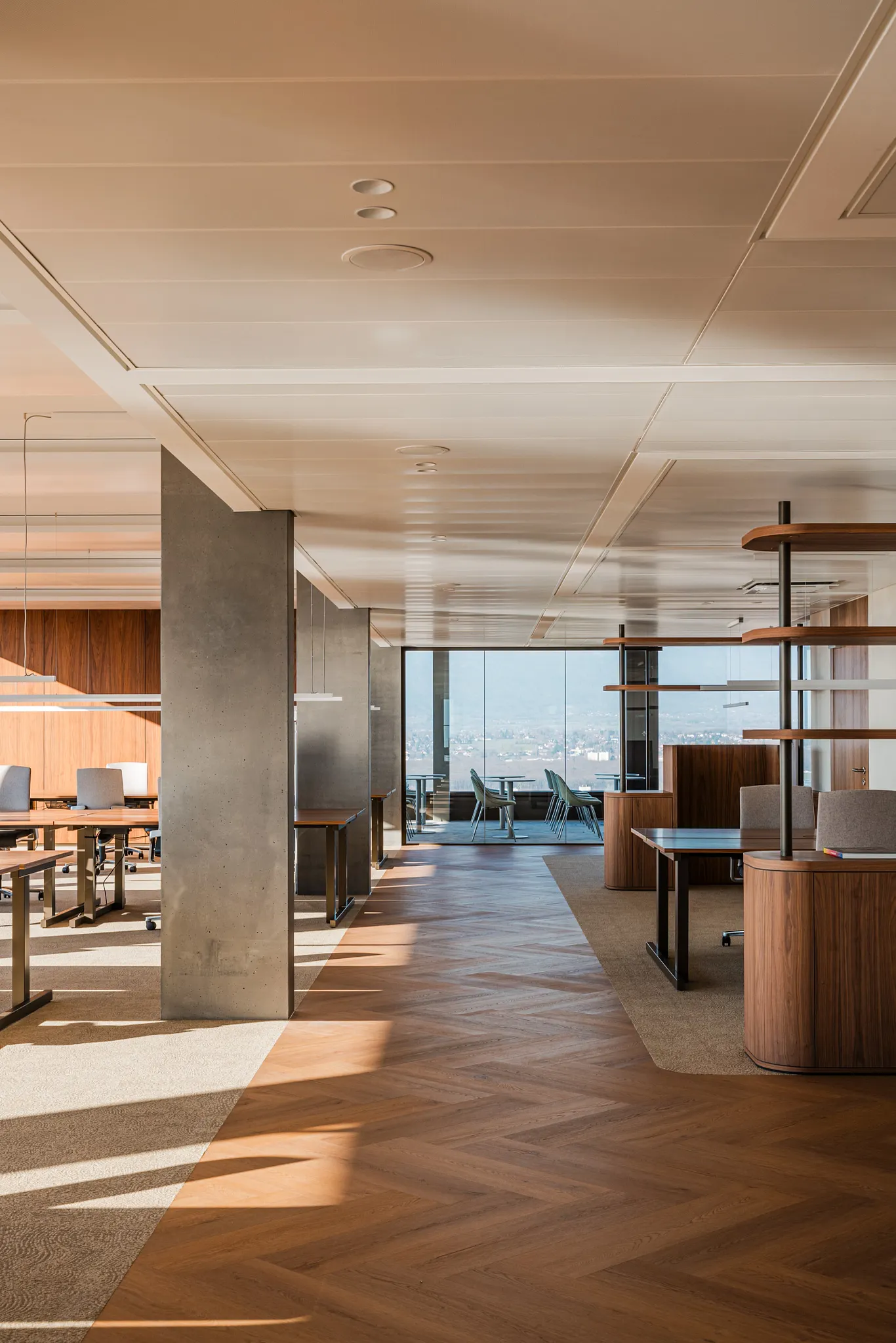 Open office with wood herringbone Coretec floors in rich tones with open floor plan, desks and storage room