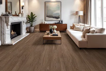Coretec Residential WPC flooring for stylish interiors Luxury vinyl plank flooring in a modern living room with fireplace