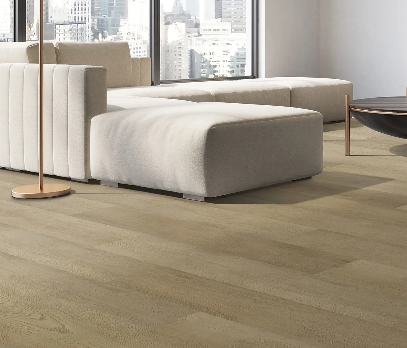 An open interior living room featuring light wood neutral commercial luxury vinyl tile