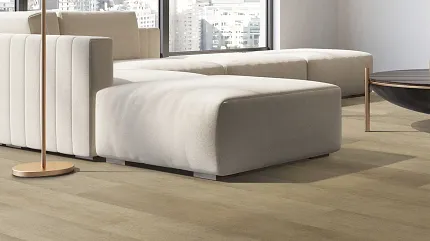 Contemporary Living Room with Light Wood Flooring and Beige Sofa Modern living room with large windows, beige sectional sofa, and light wood flooring