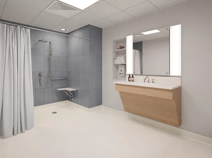 Healthcare Facility Bathroom with Slip-Resistant Sheet Vinyl Flooring Traction Aqua in Dash