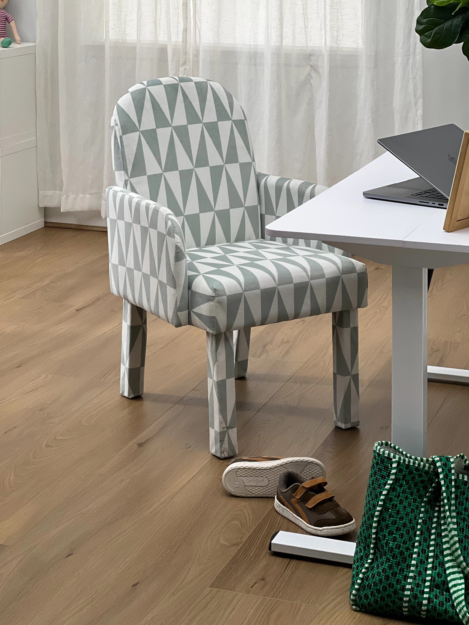 A patterned chair in an office