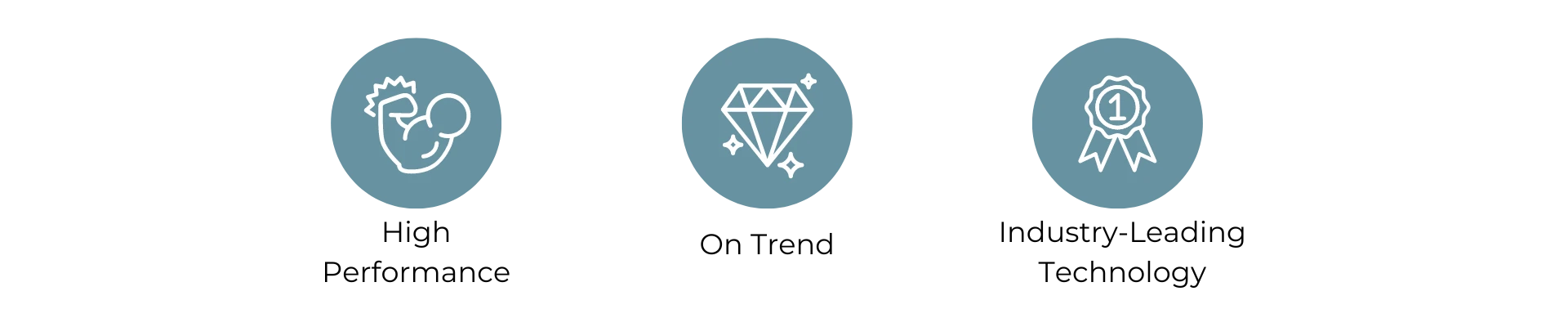 Icons representing high performance, on trend, and industry-leading technology for flooring brand