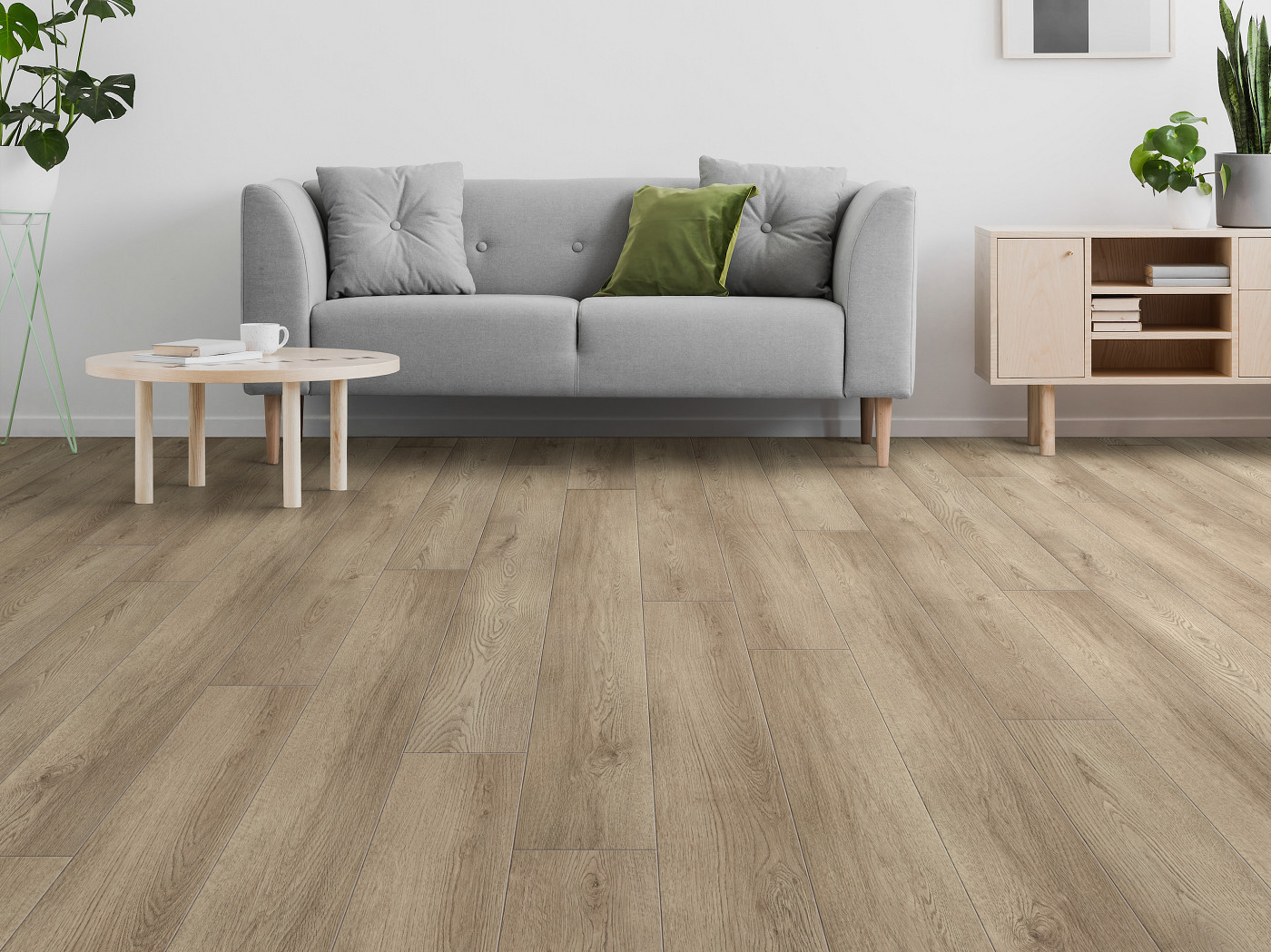 Driftwood Taupe flooring, shown in a room