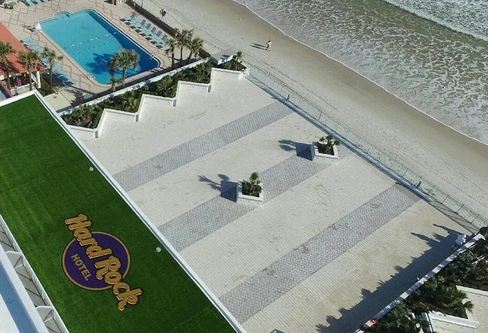 Aerial view of Hard Rock Hotel beachfront with pool and ocean