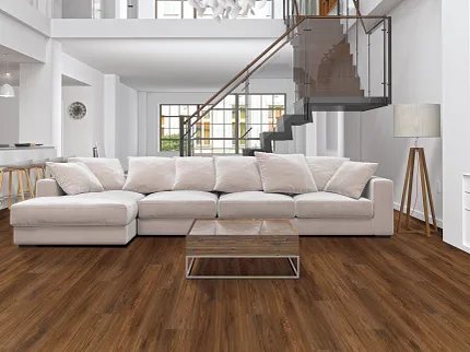 Brown Wood Look Luxury Vinyl Plank Flooring in Modern Living Room Modern living room with brown wood look luxury vinyl plank flooring, white sectional sofa, and glass staircase