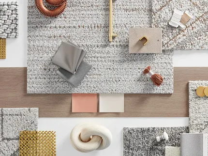 Versatile carpet and fabric options for modern interiors Assorted carpet and fabric swatches with neutral and warm tones