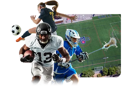 Artificial turf field with sports players Sports players on artificial turf field