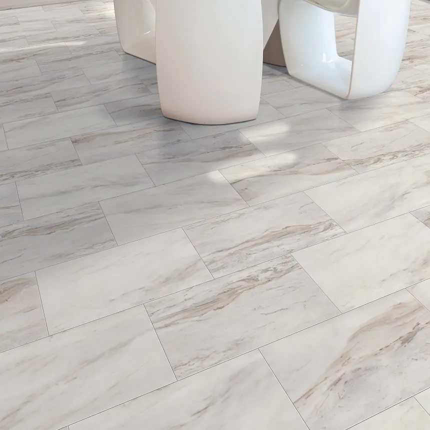 Coretec Residential WPC Luxury Vinyl Tile Flooring in Modern Dining Room dining room with white furniture and luxury vinyl tile floor in a stone look 2402x1201 inch dimensions