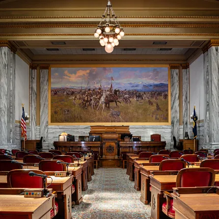 Luxurious carpet design for government interiors Ornate carpet flooring in a government facility chamber