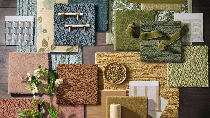 Diverse carpet color options for stylish interiors Assorted carpet samples in green, blue, brown, and pink shades