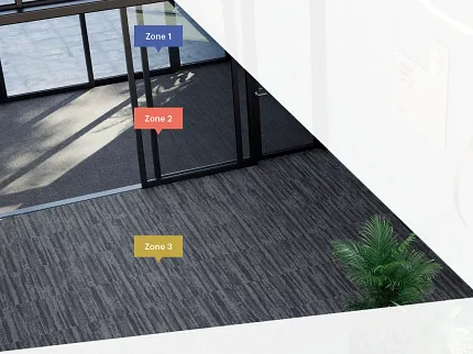 Commercial Carpet Tile Flooring in Workplace Environment with Zone Markings Modern commercial carpet tile flooring in a spacious, well-lit workplace environment with distinct zones marked by color-coded labels