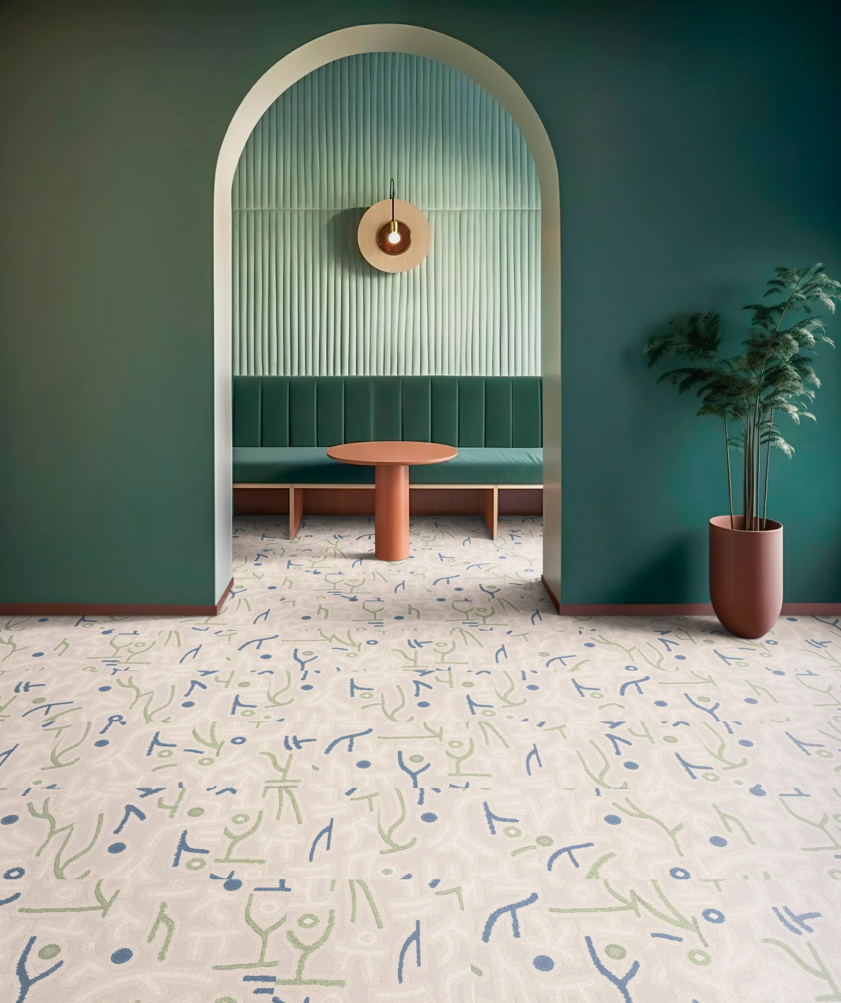 room with beige and green carpet tile and a green accent wall