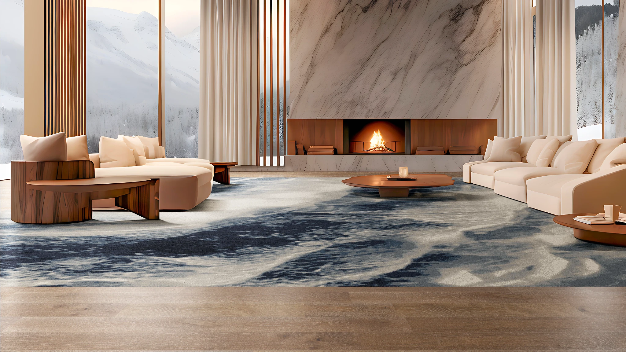 Interior of a hotel lobby featuring Axminster custom broadloom carpet from the Roam Arctic Escape collection