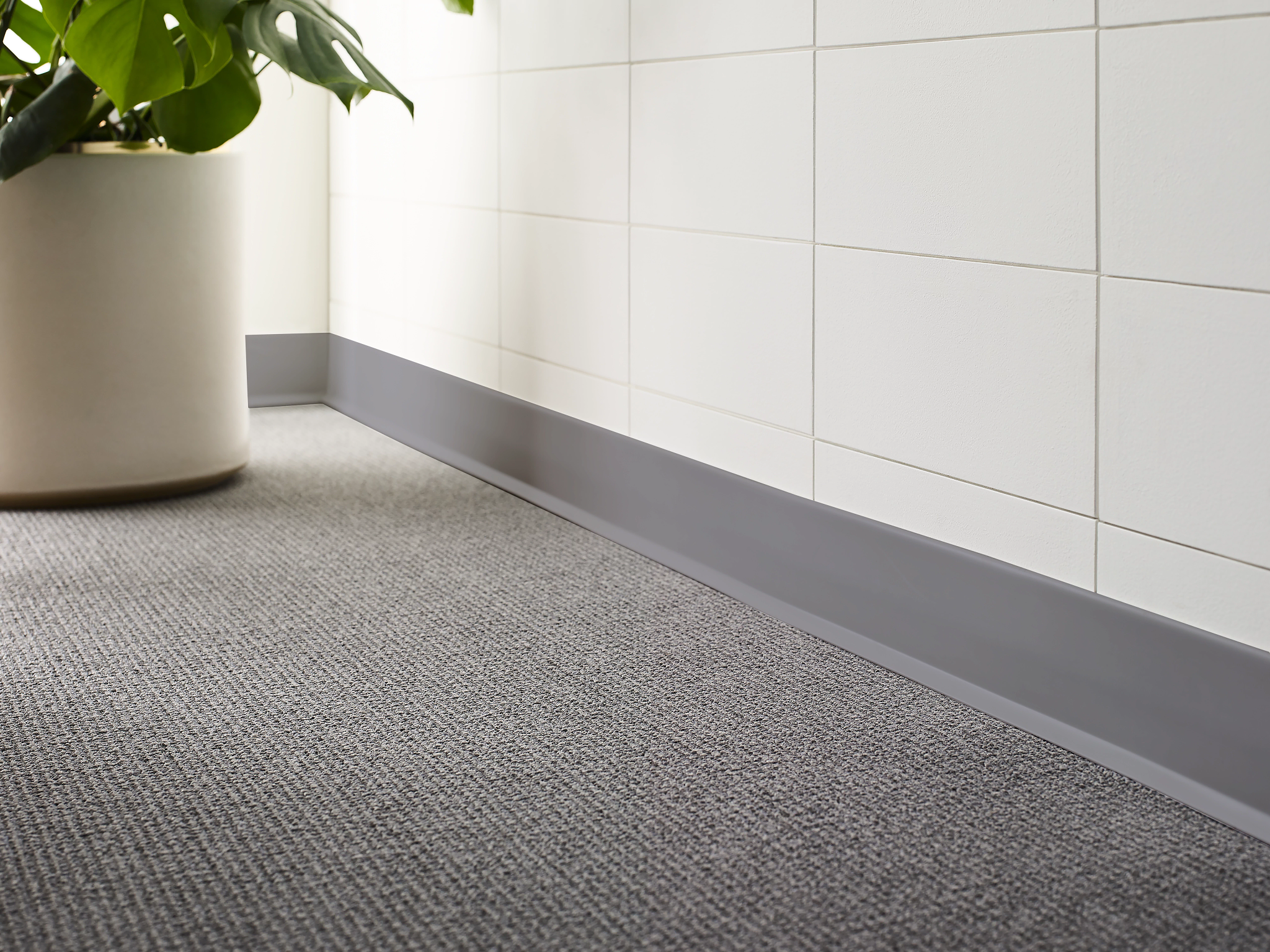 
  "Modern room scene with gray carpet flooring and white tiled wall featuring a potted plant"
)