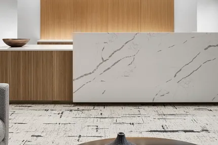 Contemporary Workplace Design with Marble and Wood Elements Modern workplace interior with a marble reception desk, wooden paneling, and contemporary furniture