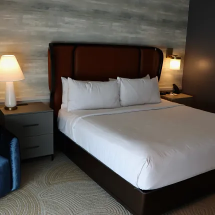 Luxurious carpet flooring in hospitality setting Modern hotel room with plush carpet flooring