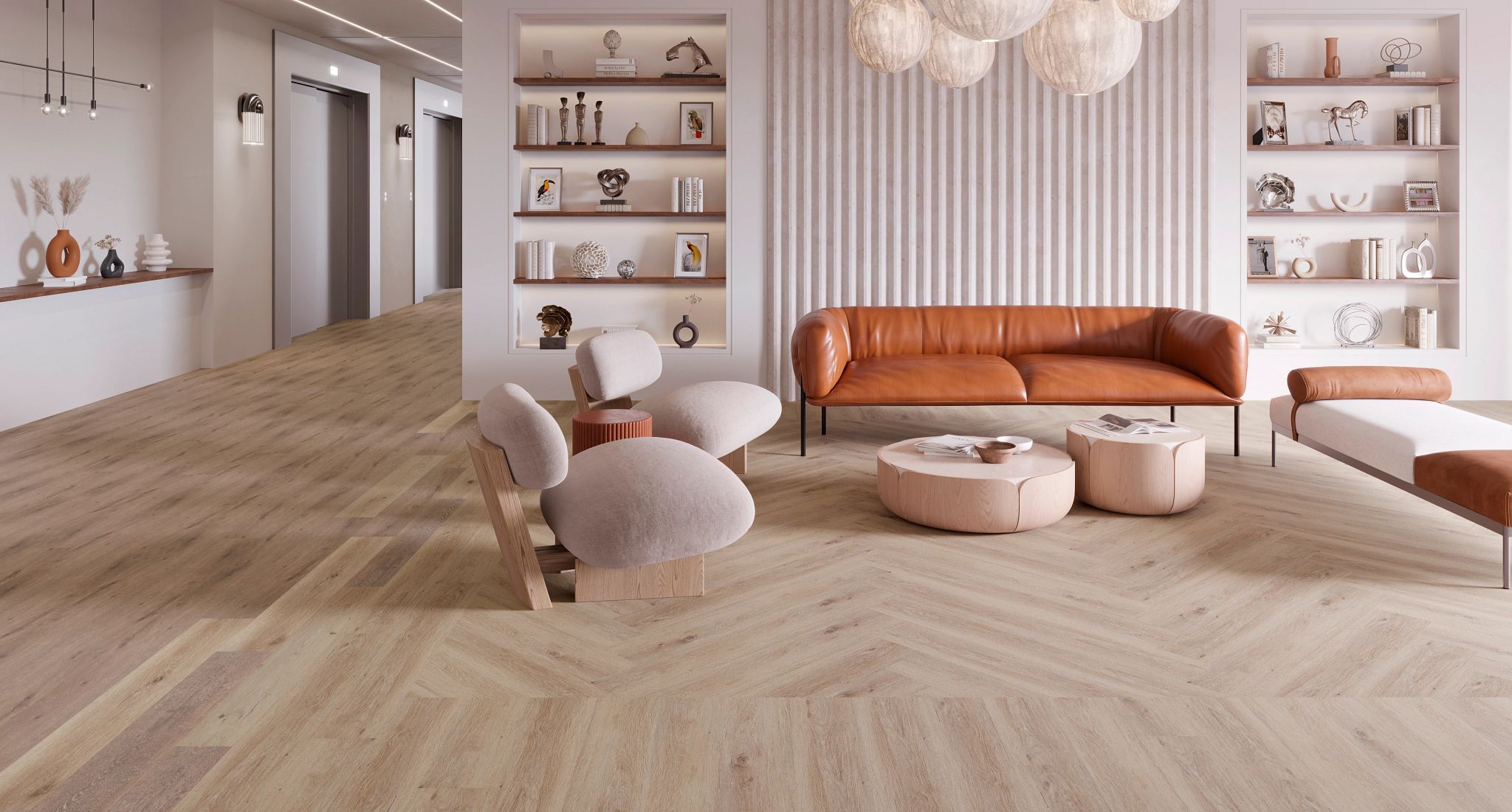 Contemporary Lounge with Light Wood Flooring and Modern Decor Modern lounge area with light wood flooring, featuring a brown leather sofa, contemporary chairs, and decorative shelving