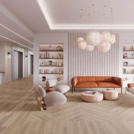 Contemporary Lounge with Light Wood Flooring and Modern Decor Modern lounge area with light wood flooring, featuring a brown leather sofa, contemporary chairs, and decorative shelving