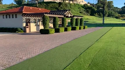 Premium artificial grass for outdoor landscapes Green artificial turf in a landscaped outdoor setting
