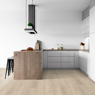 Modern minimalist kitchen with light furniture and COREtec vinyl flooring