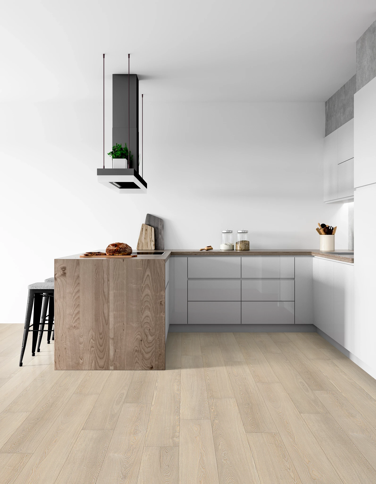 Modern kitchen with light wood look luxury vinyl plank flooring, featuring sleek gray cabinets and a wooden island.