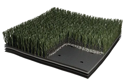 Artificial Turf Swatch with Layered Construction Artificial turf swatch with layered construction and realistic green blades