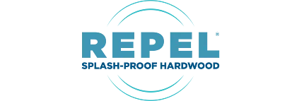 Repel Splash-Proof Hardwood Flooring - Durable and Easy to Maintain Repel Splash-Proof Hardwood logo with blue text and circular design