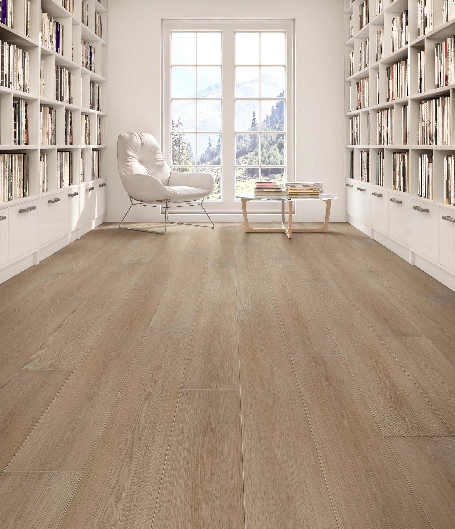 Modern library room with large windows and light wood flooring