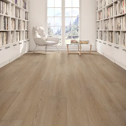 Light wood flooring in a contemporary library setting Modern library room with large windows and light wood flooring
