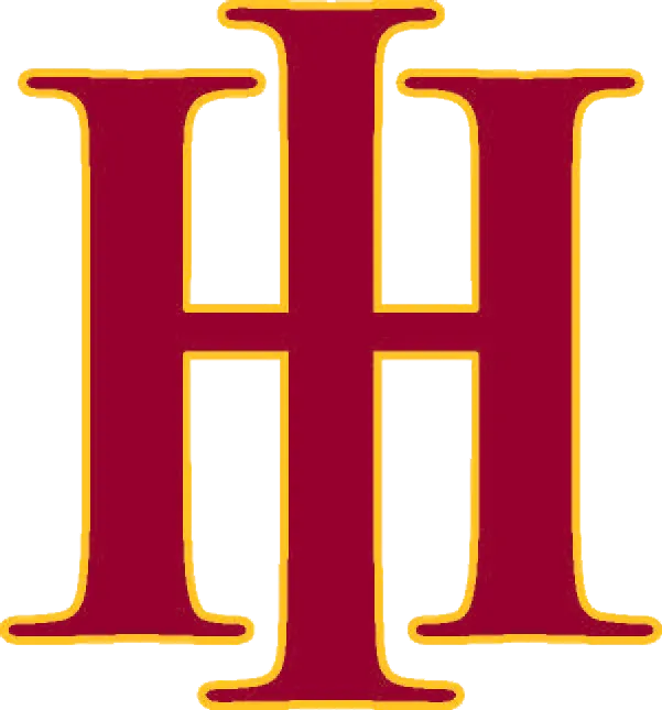 Crimson double H logo with gold outline, featuring classic serif lettering commonly used for school or athletic branding