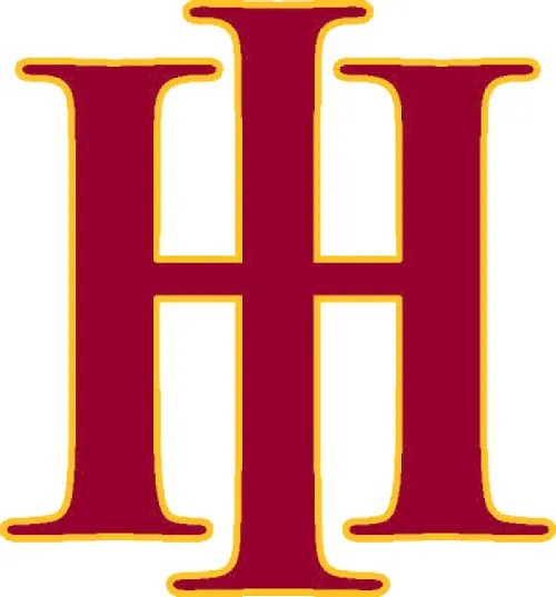 Crimson double H logo with gold outline, featuring classic serif lettering commonly used for school or athletic branding