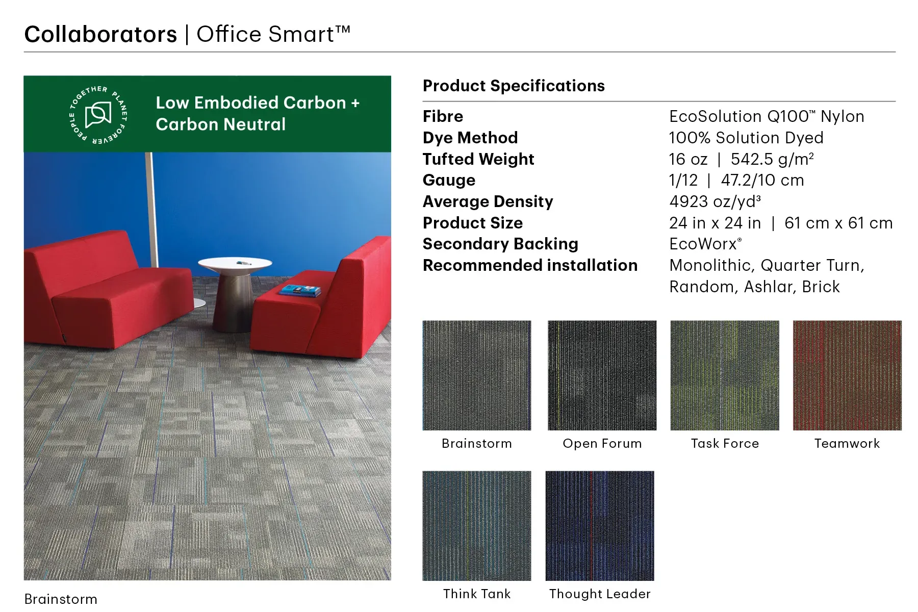 Commercial carpet tile in a modern office setting with red seating and blue walls, featuring EcoSolution Q100 nylon in Brainstorm color, 24x24 inch tiles