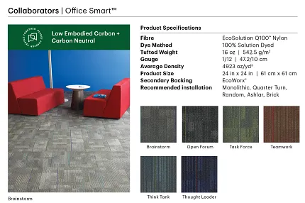 Office Smartâ„¢ Commercial Carpet Tile - Brainstorm Color in Modern Office Setting Commercial carpet tile in a modern office setting with red seating and blue walls, featuring EcoSolution Q100 nylon in Brainstorm color, 24x24 inch tiles