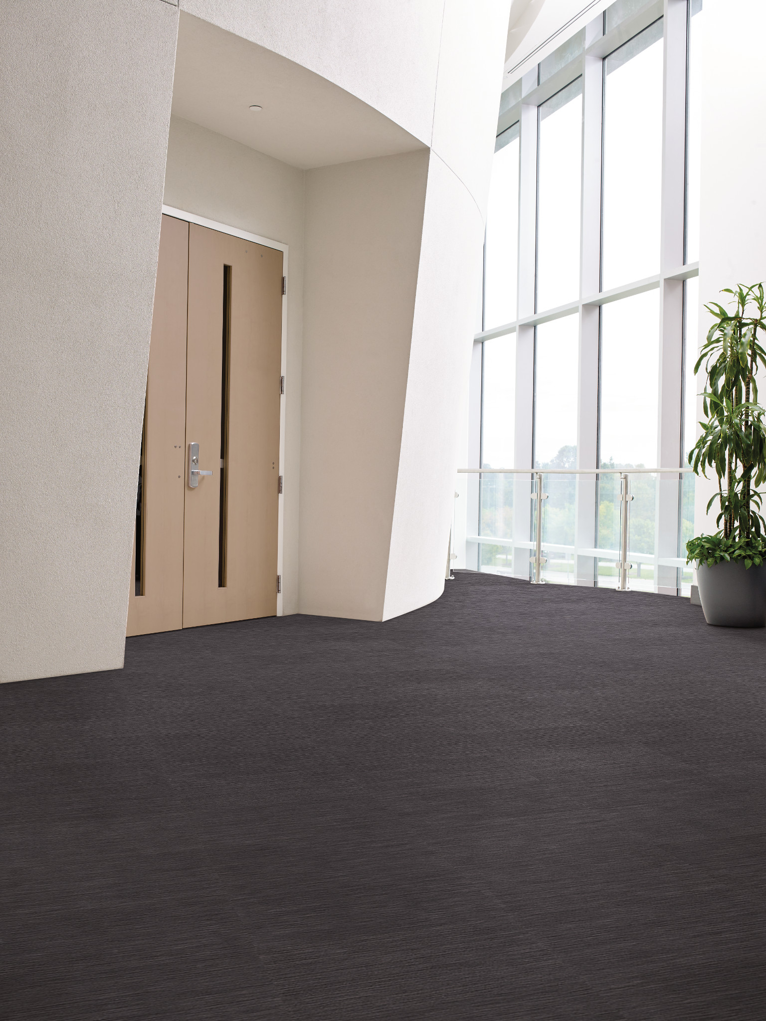 
  "Modern commercial space with dark flooring and large windows"
)