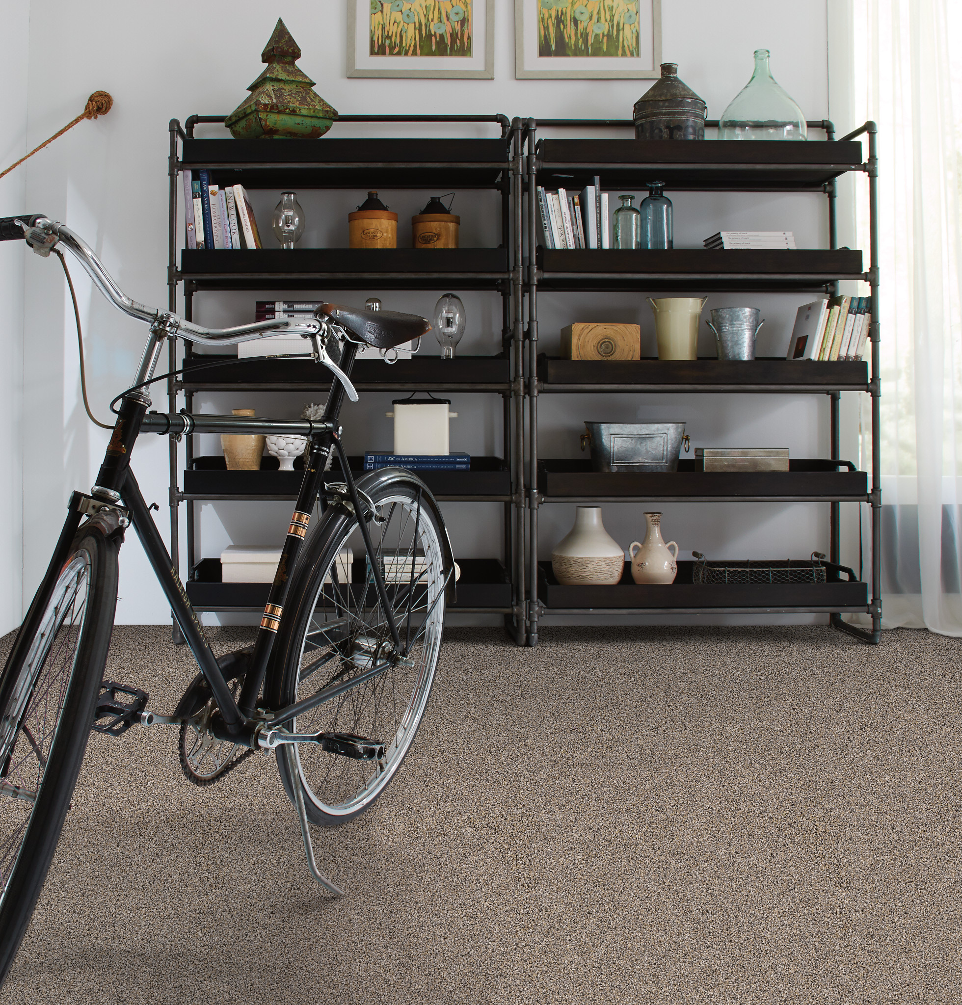 Multicolored carpeted living room with bookshelves and a bike
