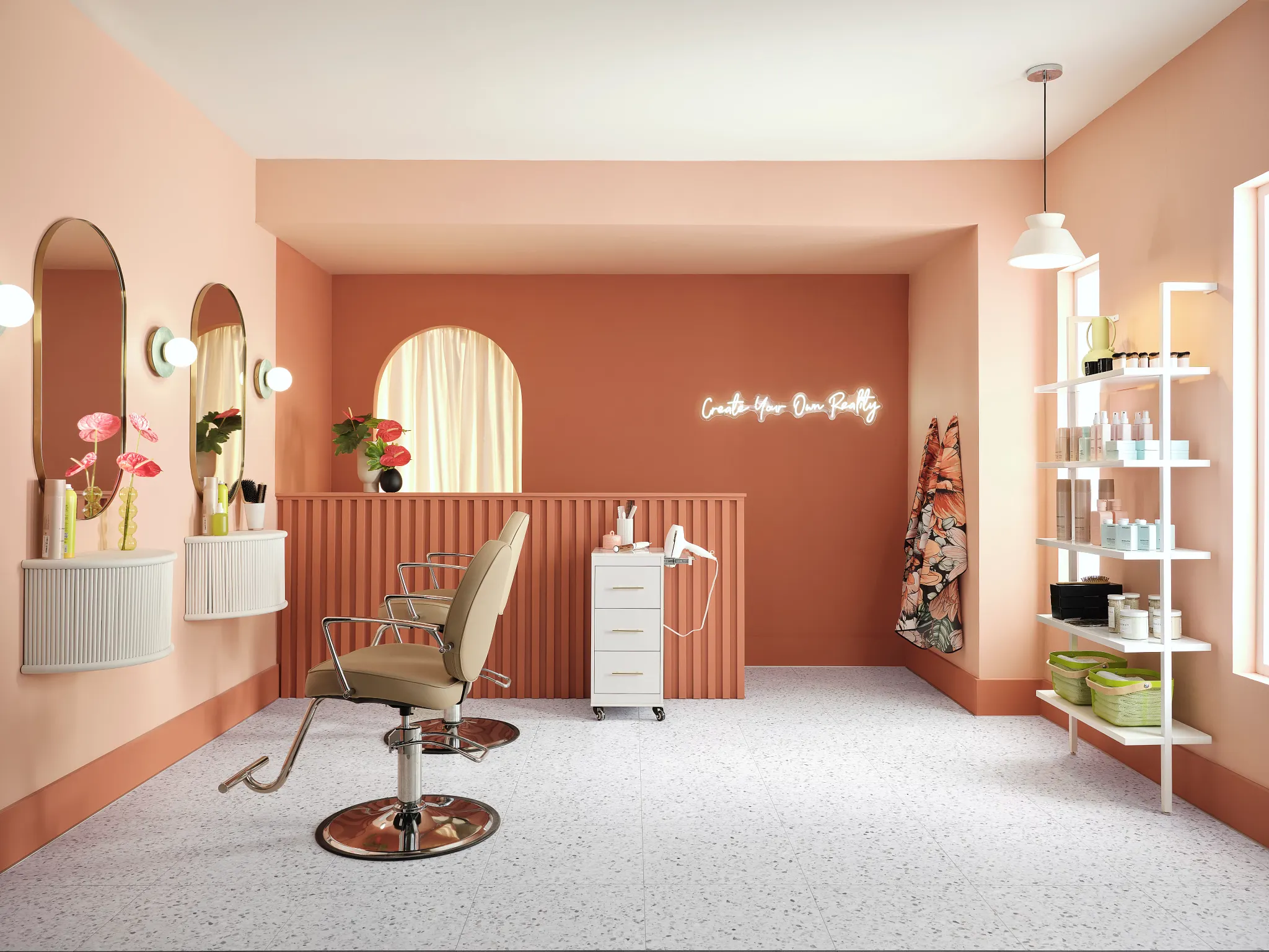 salon interior with floor in a terrazzo pattern with a styling chair mirrors and shelves 3701x185 inch dimensions