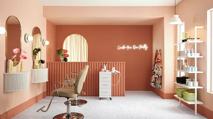 Coretec Residential SPC Terrazzo Flooring in Modern Salon - 37.01x18.5 inch salon interior with floor in a terrazzo pattern with a styling chair mirrors and shelves 3701x185 inch dimensions