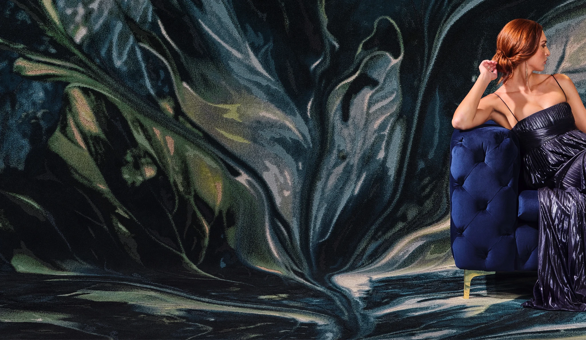 Blue, green, white, black custom carpet tile with lady sitting in a blue chair