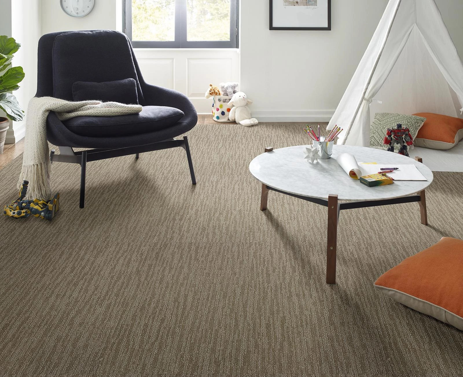 Bedroom with carpet tile flooring