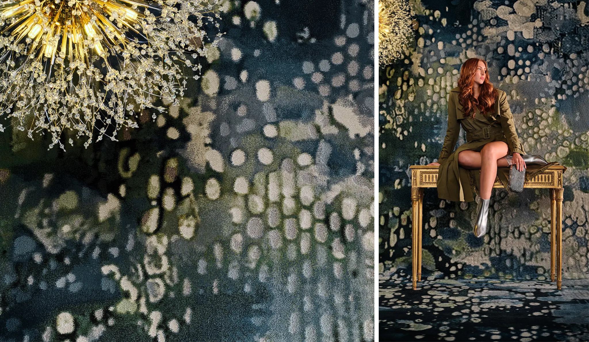 Abstract patterned carpet in a stylish room setting