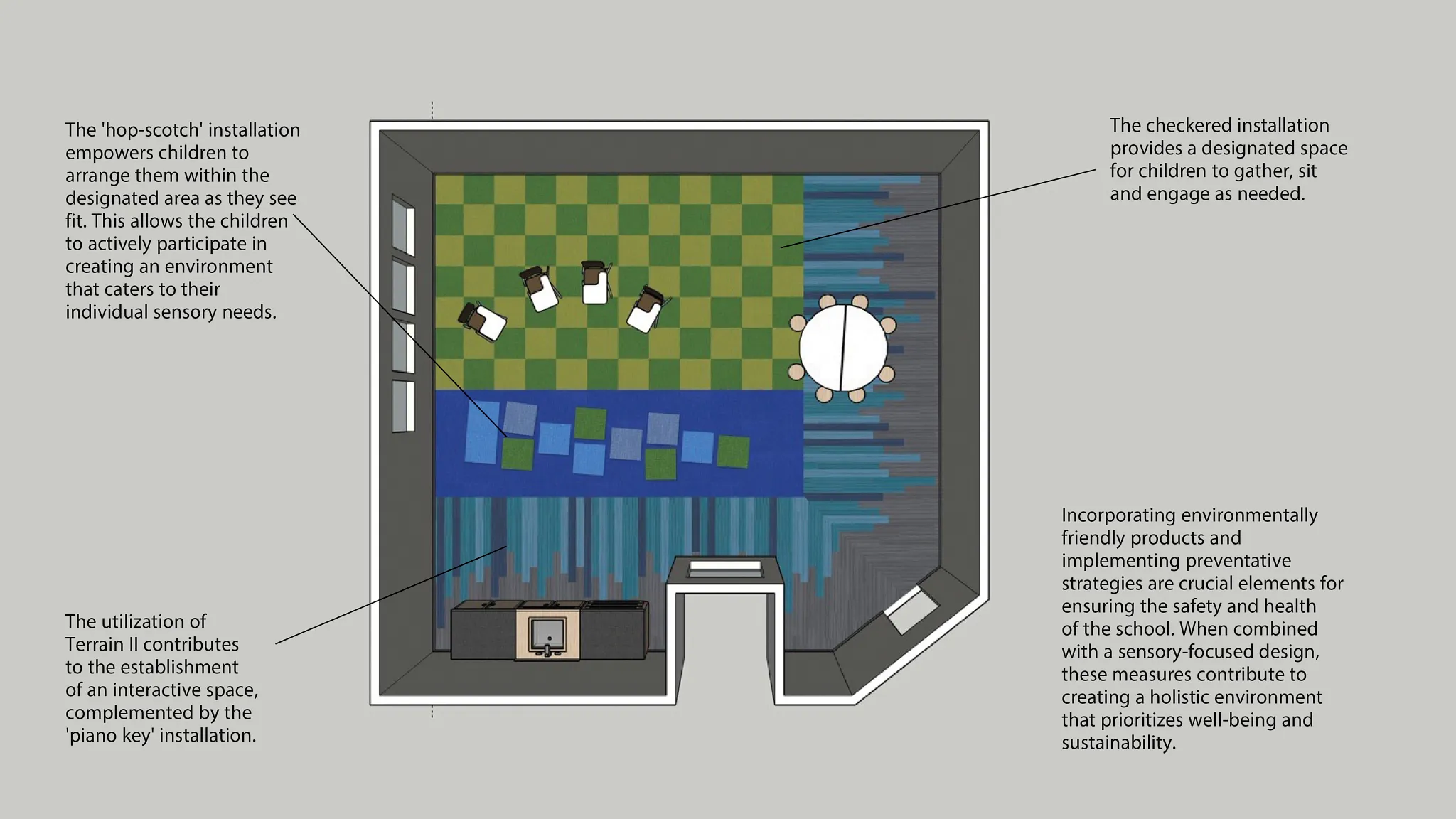Interactive education facility with checkered and piano key flooring design