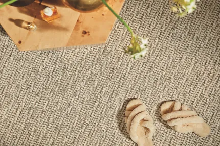 Beige Textured Carpet Flooring Detail Close-up view of beige textured carpet flooring with a wooden tray and decorative items