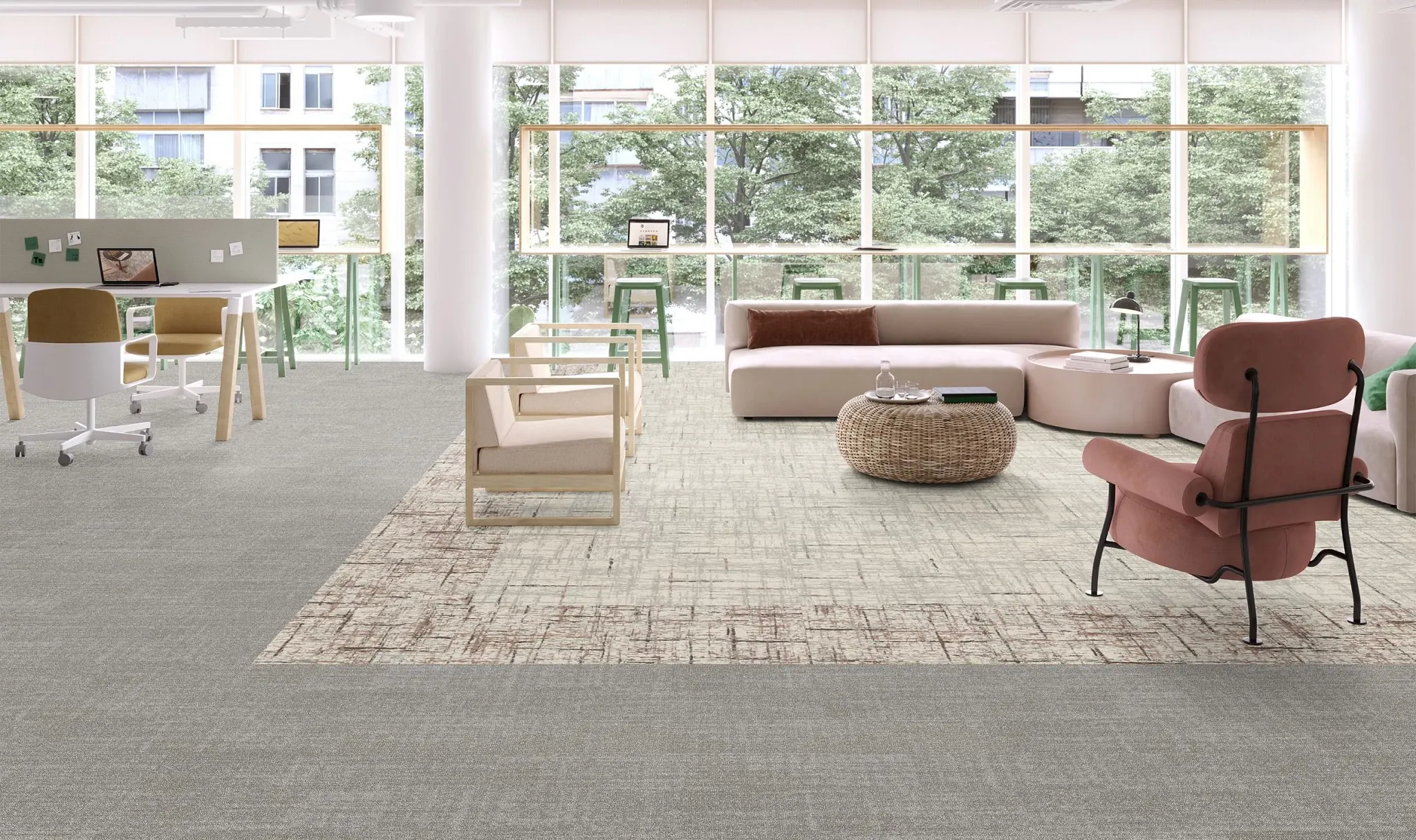 Modern education facility with large windows, featuring a mix of commercial carpet tile in neutral tones and contemporary furniture