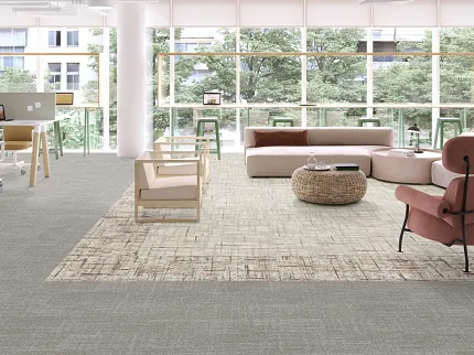 Education Facility with Commercial Carpet Tile and Modern Furniture Design Modern education facility with large windows, featuring a mix of commercial carpet tile in neutral tones and contemporary furniture